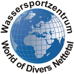 Karte der Weltkugel mit Schriftzug: "Wassersportzentrum World of Divers Nettetal".
