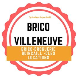 Logo circulaire rouge et blanc, texte : "BRICO VILLENEUVE", services de bricolage et locations.