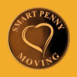 Coin logo with a heart design, with "Smart Penny Moving" text on an orange background.