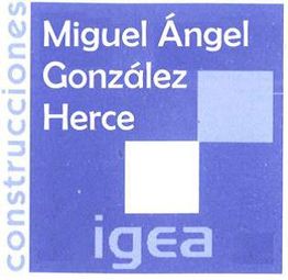 Logo de construcciones con texto: "Miguel Ángel González Herce" y "igea", en fondo azul.