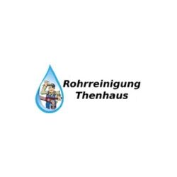 Logo einer Rohrreinigungsfirma mit Schrift "Rohrreinigung Thenhaus" und Klempner im Wassertropfen.
