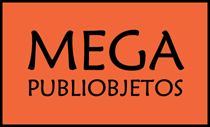 Texto negro "MEGA PUBLI OBJETOS" sobre fondo naranja.