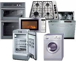 Various kitchen appliances, including a stove, microwave, dishwasher, fridge, oven, and washer.