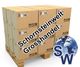Palette mit Kartons, Aufschrift "Schornsteinwelt Grosshandel" und Globe mit "SW" daneben.