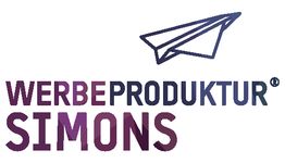 Logo mit Papierflieger und Text "Werbeproduktur Simons" in Farbverlauf.
