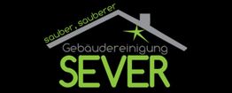 Gebäudereinigung Sever-Logo mit Hausdach, grünem Stern und Slogan "sauber, sauberer".