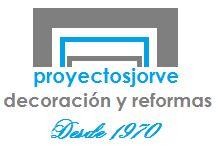 Logo de proyectosjorve: "decoración y reformas, Desde 1970" en gris y azul.