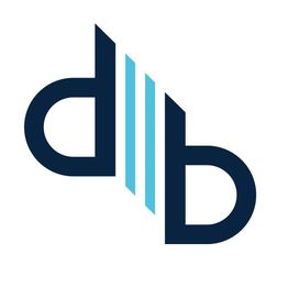 Logo met de letters "d" en "b" gescheiden door drie blauwe lijnen in het midden.