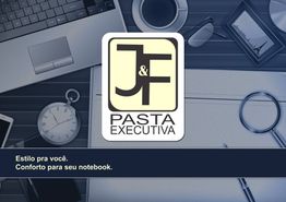 Logo da J&F Pasta Executiva, rodeado por itens de escritório, como relógio e laptop.