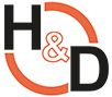 Logo mit großen schwarzen Buchstaben H & D, verbunden durch einen orangefarbenen Halbkreis.