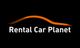 Logo de "Rental Car Planet" con línea naranja que forma el contorno de un coche sobre fondo negro.