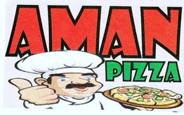 Comicfigur Koch mit Schnurrbart hält Daumen hoch, trägt Pizzateller. Text: AMAN PIZZA