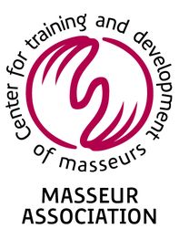 Logo der Masseur Association mit stilisiertem Symbol und Schriftzug auf Englisch.