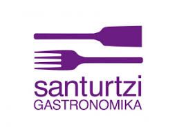 Logo púrpura de Santurtzi Gastronomika con tenedor y cuchillo estilizados.