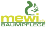 Logo mit einem grünen Eichhörnchen und Text "mewi.info BAUMPFLEGE".