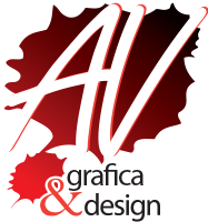 Logo rosso con foglia d'acero, lettere "AV" stilizzate e testo "grafica & design".