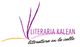 Logo con texto "Literaria Kalean, literatura en la calle" y líneas curvas en morado y naranja.
