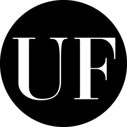 Black circle with white letters "UF" in a serif font.