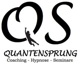 Logo mit Schriftzug "QUANTENSPRUNG", einem springenden Menschen und den Buchstaben "QS".