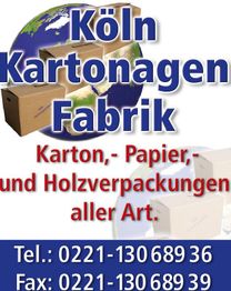 Poster für Köln Kartonagen Fabrik, spezialisiert auf Verpackungen. Telefonnummer und Fax sind angegeben.