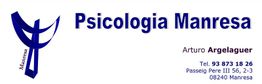 Logo y contacto de Psicología Manresa: dirección y teléfono en azul.
