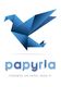 Logo de un pájaro azul en origami con el texto "papyria: Tenemos un papel para ti".