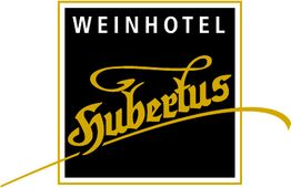 Schwarzes Logo mit goldener Schrift: "Weinhotel Hubertus".