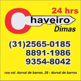 Cartaz de Chaveiro Dimas, disponível 24 hrs, com telefone e endereço destacados. Fundo amarelo.