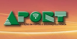 Logo da Aport com texto: "Soluções em Portões e Segurança Eletrônica" em fundo laranja.
