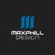 Logo mit drei blauen Linien und dem Text "MAXPHILL DESIGN" auf schwarzem Hintergrund.