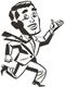 Cartoon eines laufenden Mannes in Anzug, der fröhlich die Hand hebt. Retro-Stil, schwarz-weiß.