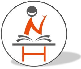 Logo: Person liest über einem offenen Buch, stilisiert in Grautönen und Orange.
