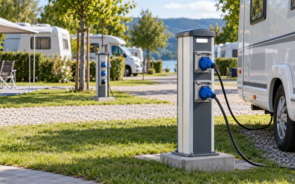 Eine moderne Stromsäule mit blauen CEE-Steckdosen versorgt ein Wohnmobil auf einem Campingplatz mit Strom, während im Hintergrund weitere Wohnmobile und Stromverteiler auf den Stellplätzen zu sehen sind.