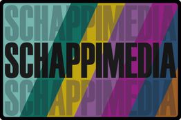 Bunter Schriftzug "SCHAPPIMEDIA" vor einem Hintergrund mit diagonalen Streifen.