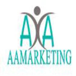 Logo with teal 'AA', abstract figure, and text "AAMarketing" below.