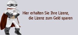 Superheld mit rotem Umhang, daneben der Text: "Hier erhalten Sie Ihre Lizenz, die Lizenz zum Geld sparen".