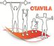 Siluetas de personas haciendo ejercicio con pesas, fondo naranja y rojo, texto "OTAVILA".
