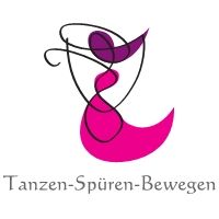 Abstrakte Figuren, lila-rosa, tanzen. Text: "Tanzen-Spüren-Bewegen".