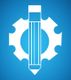 White pencil and gear symbol on a blue background.