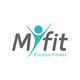 Logotipo da Myfit Estética Fitness com figura humana estilizada e texto em azul e cinza.