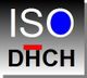 Schwarzer Hintergrund mit weißem "ISO" und blauem O, darunter "DHCH" mit rotem Strich über "H".