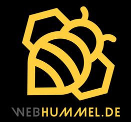 Gelbes Bienenlogo auf schwarzem Hintergrund mit der Aufschrift "webhummel.de" in Gelb und Grau.