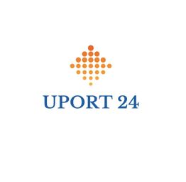 Logo mit orangefarbenem Punktmuster und blauem Text "UPORT 24".