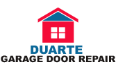 Stylized red house icon with blue roof and base on a black line.