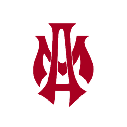 Logo rojo con letras blancas estilizadas en el centro, sobre un fondo transparente.