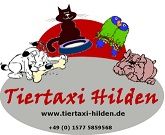 Logo mit Tieren: Hund, Katze, Papagei und Kaninchen. Text: Tiertaxi Hilden, www.tiertaxi-hilden.de.