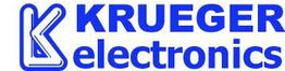 Logo mit blauem Text "KRUEGER electronics" und einem künstlerischen Buchstaben "K" links.