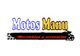 Logo de "Motos Manu", texto colorido, moto negra y texto rojo: "Recambios y accesorios".