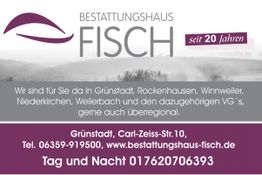 Werbung für Bestattungshaus Fisch in Grünstadt, seit 20 Jahren tätig, mit Kontaktinformationen.