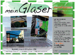 Werbung mit Bildern von Glasarbeiten und Texten zur Glaserei. Design in Grün und Weiß.